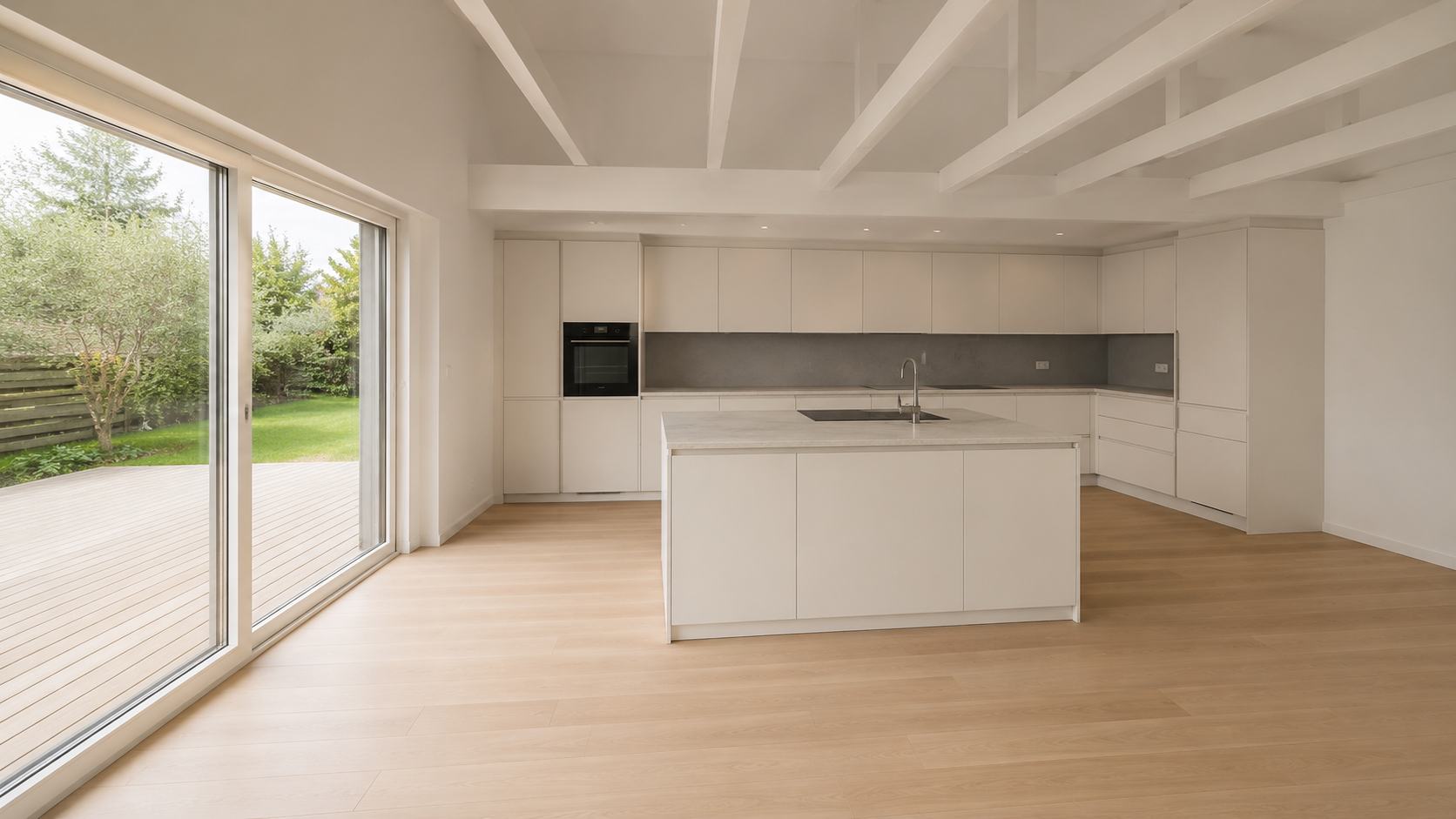 AI proposal for a warm white kitchen with exposed rafters